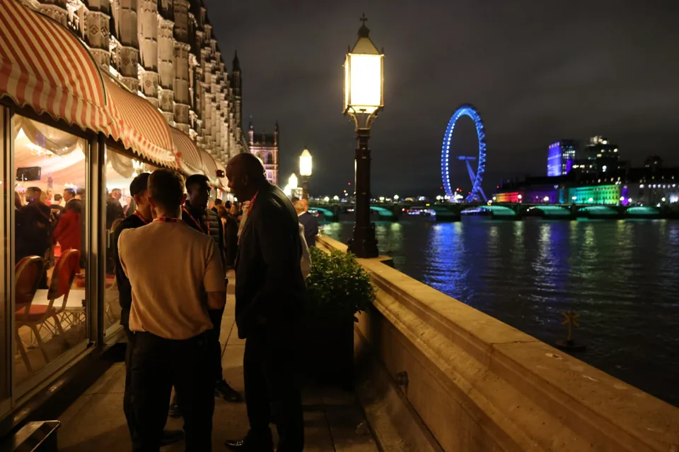 The River Terrace at night, with the London Eye lit across the Thames