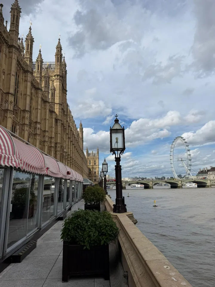 A lamp on the River Terrace beside the Palace of Westminster, with the Thames and the London Eye beyond